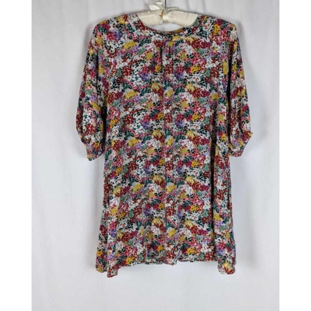 Valija Floral Print Round Neck Mini Dress Tunic XS Multicolor 3/4 Puff Sleeve